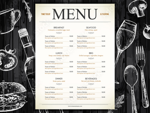 Restaurant menu design. Vector menu brochure template for cafe, coffee house, restaurant, bar. Food and drinks logotype symbol design. With a sketch pictures
