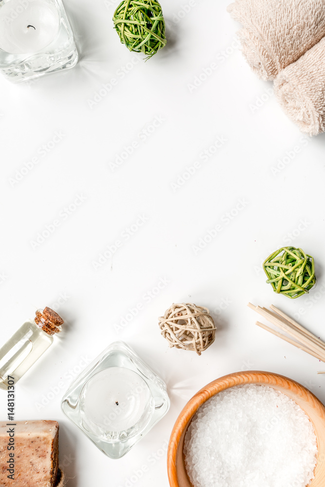 bathroom salt and aroma oil for spa on white background top view mock-up bathroom salt and aroma oil for spa on white background top view mock-up