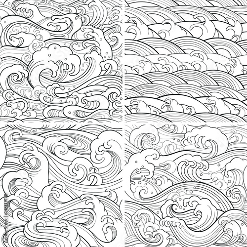 marine set: outline seamless patterns