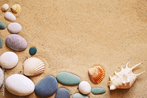 Seashells and stones on sand. Sea summer vacation background with space for the text