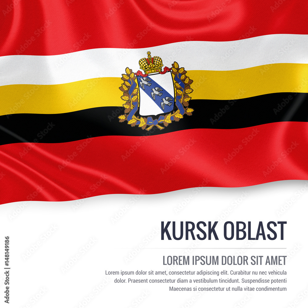 Russian state Kursk Oblast flag waving on an isolated white background. State name and the text area for your message. 3D illustration.