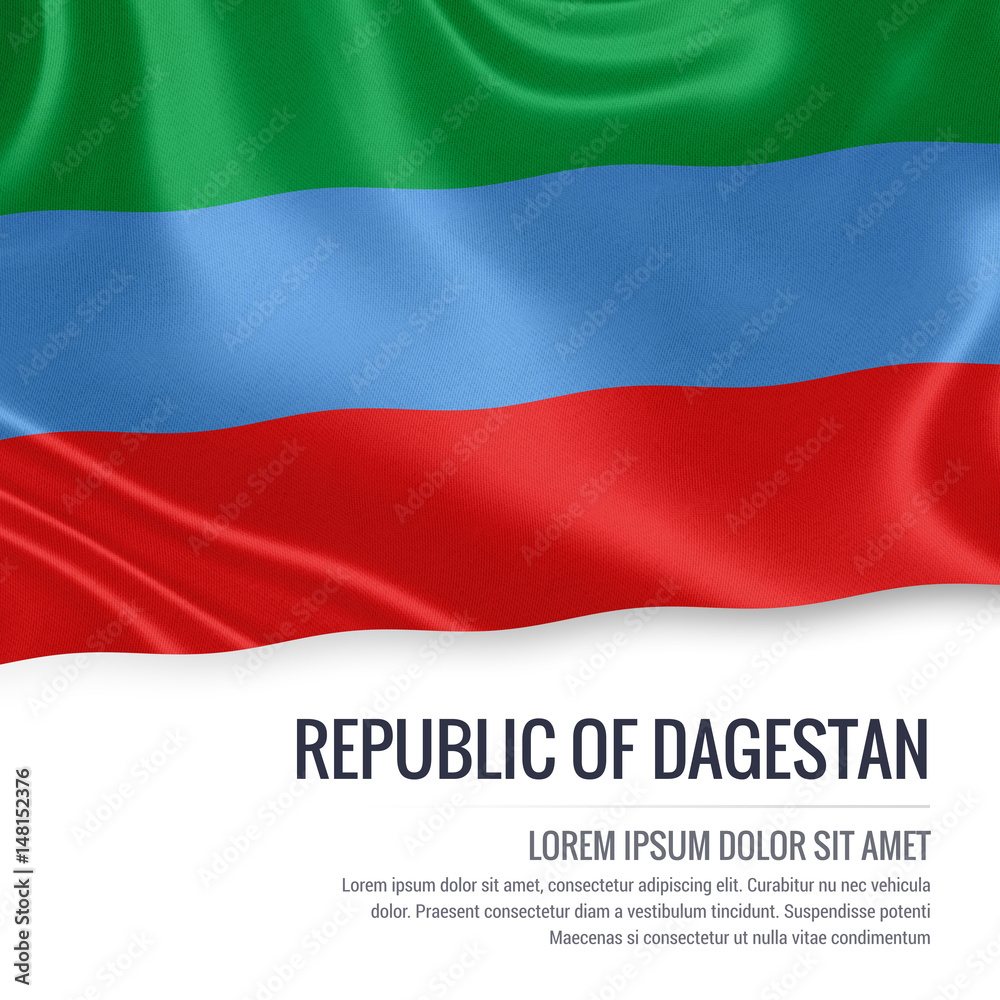 Russian state Republic of Dagestan flag waving on an isolated white background. State name and the text area for your message. 3D illustration. Russian state Republic of Dagestan flag waving on an isolated white background. State name and the text area for your message. 3D illustration.