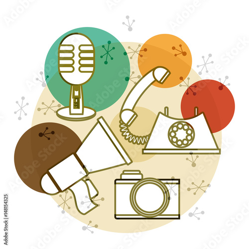 retro microphone, telephone, camera and horn speaker technology, vector illustration