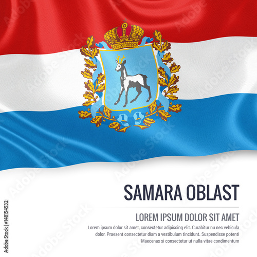 Russian state Samara Oblast flag waving on an isolated white background. State name and the text area for your message. 3D illustration. photo