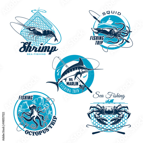 Sea fishing trip and sporting club symbol set
