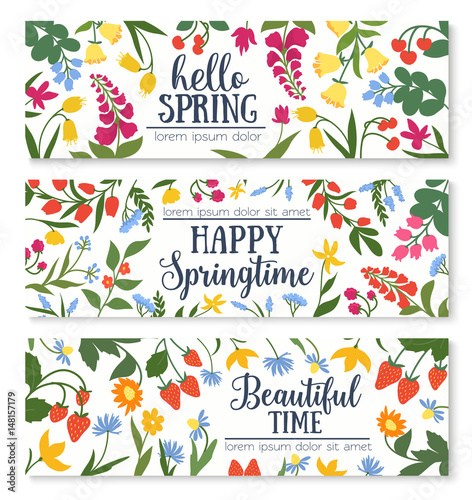 Spring floral banner with flower and berry frame