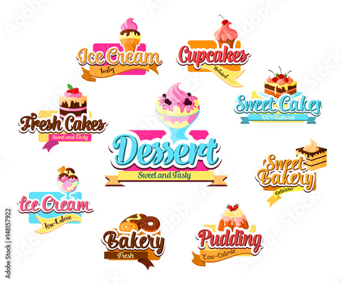 Bakery dessert, pastry and ice cream symbol set