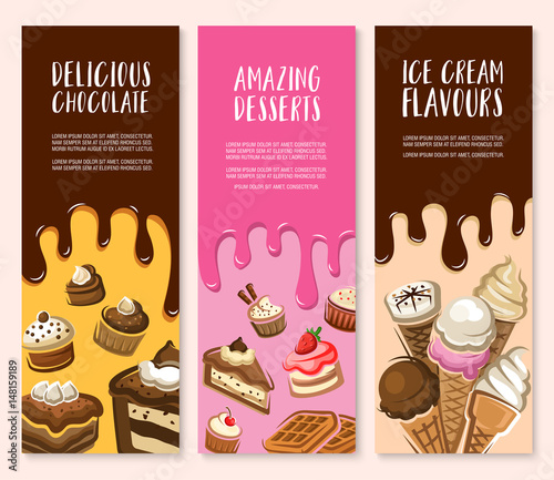Dessert, ice cream and chocolate pastry banner set