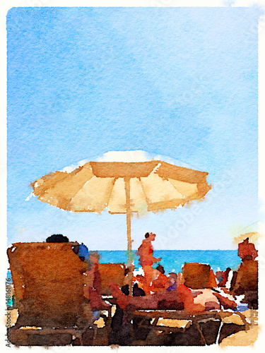 Photography Digital watercolor painting of people on the sandy beach in Barcelona Spain on a sunny day with space for text