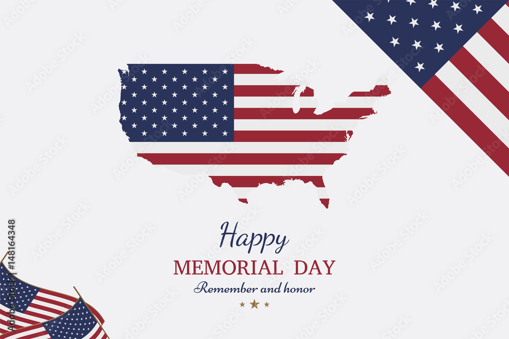 Happy memorial day. Greeting card with flag and soldier on background.