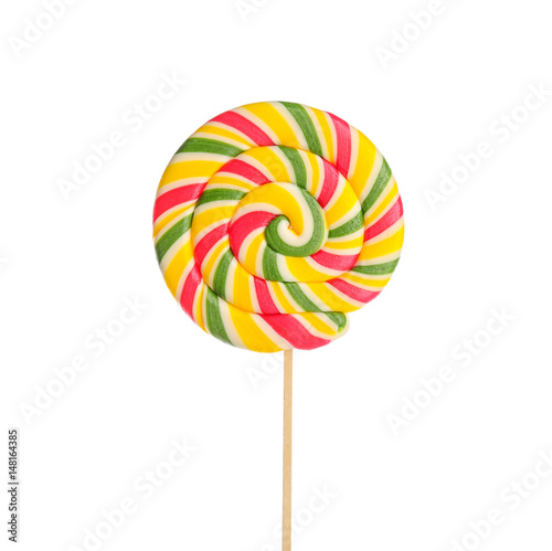 Tasty colorful lollipop on white background