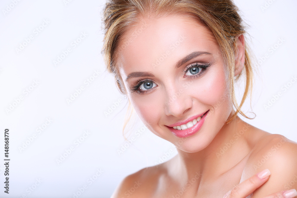 Portrait of beautiful woman on white background