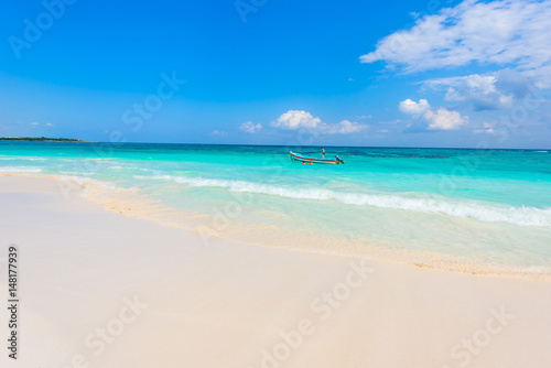 Xpu-Ha Beach - boat at beautiful caribbean coast of Mexico - Riviera Maya