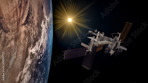 Fototapeta Naklejka Na Ścianę i Meble -  Extremely detailed and realistic high resolution 3D image of ISS - International Space Station orbiting Earth. Shot from space. Elements of this image are furnished by Nasa.