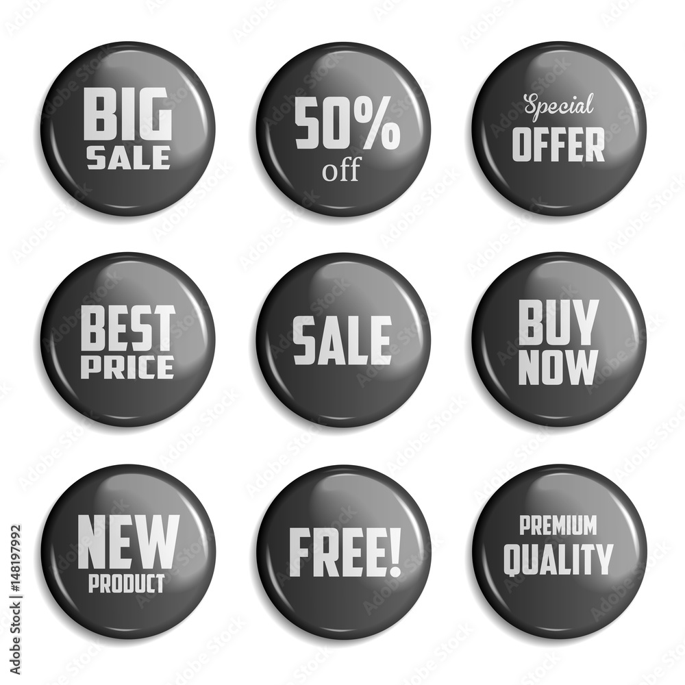 Set of glossy sale buttons or badges. Product promotions. Big sale, special offer, 50% off. Vector illustration Set of glossy sale buttons or badges. Product promotions. Big sale, special offer, 50% off. Vector illustration