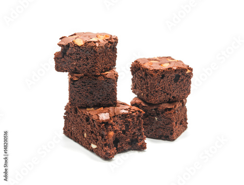 Chocolate brownie with almond on white background.