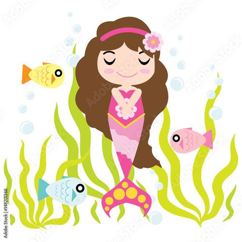 Cute mermaid girl is enjoying time in the water vector cartoon  kid postcard  wallpaper  and greeting card  T-shirt design for kids
