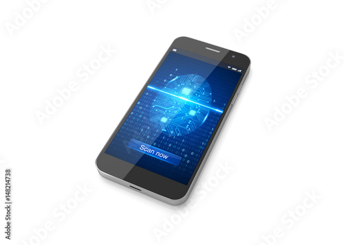 Mobile phone security application, Smartphone with finger scan on display. 3D Illustration