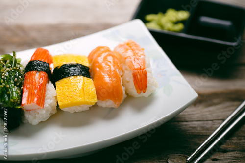 Closeup fresh and delicious maki and nigiri sushi