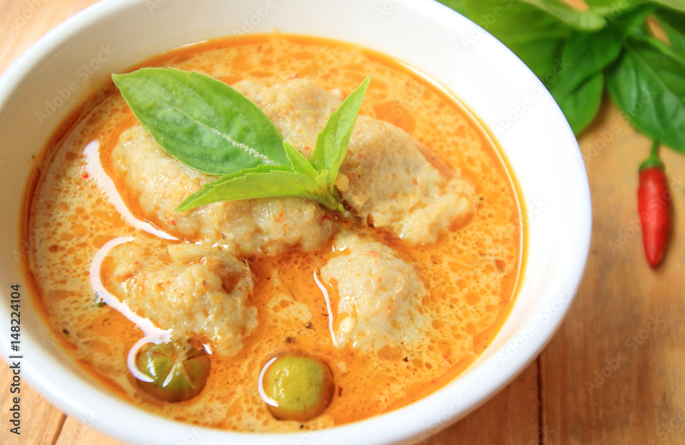 Green Curry With fish ball and eggplant, Thai delicious food Green Curry With fish ball and eggplant, Thai delicious food