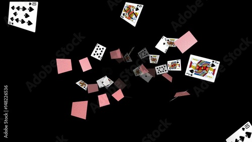 Flying poker cards on black background - loop, black spades, 10, J, Q, K, A
