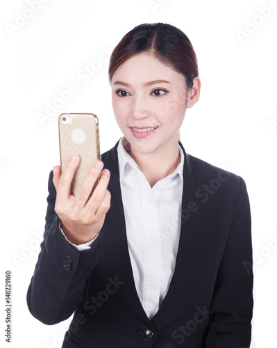 business woman taking selfie photo with smartphone isolated on white background