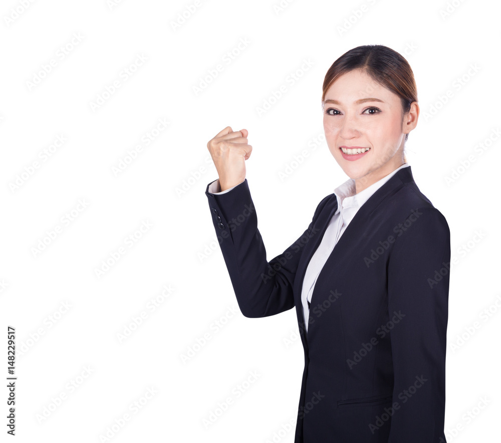 Successful business woman with arm raised isolated on white Successful business woman with arm raised isolated on white