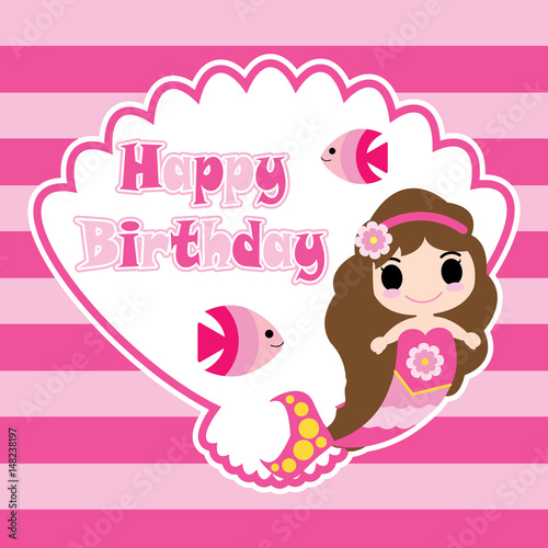Cute mermaid girl on shellfish frame and striped background vector cartoon, birthday postcard, wallpaper, and greeting card, T-shirt design for kids