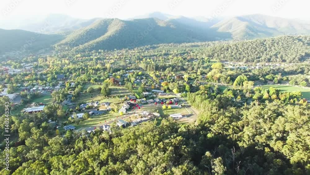 Aerial pan revealing small rural town Bright, Victoria, Australia Aerial pan revealing small rural town Bright, Victoria, Australia