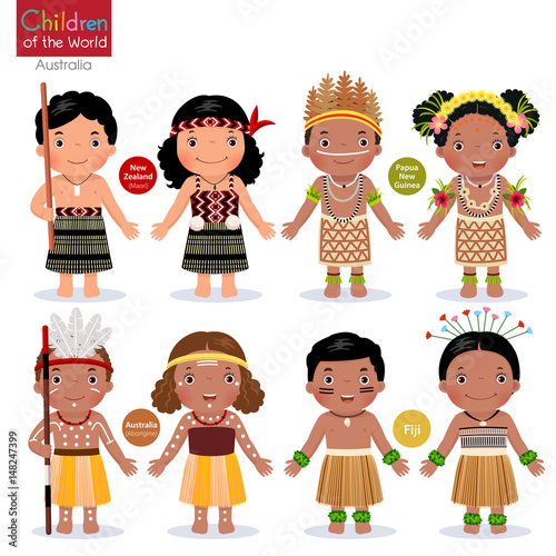 Kids in different traditional costumes. New Zealand, Papua New Guinea, Australia, Fiji.