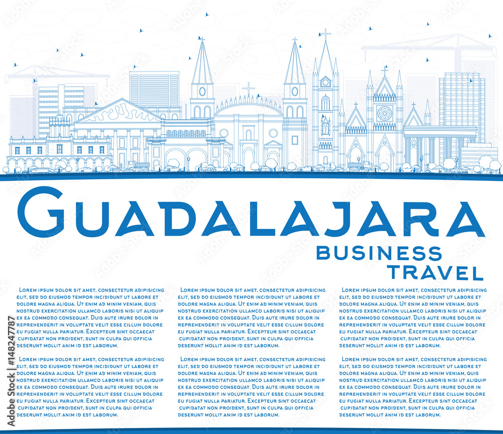 Outline Guadalajara Skyline with Blue Buildings and Copy Space.