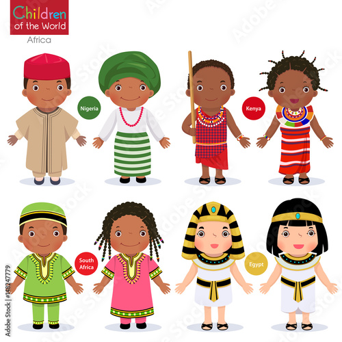 Kids in different traditional costumes. Nigeria, Kenya, South Africa, Egypt.