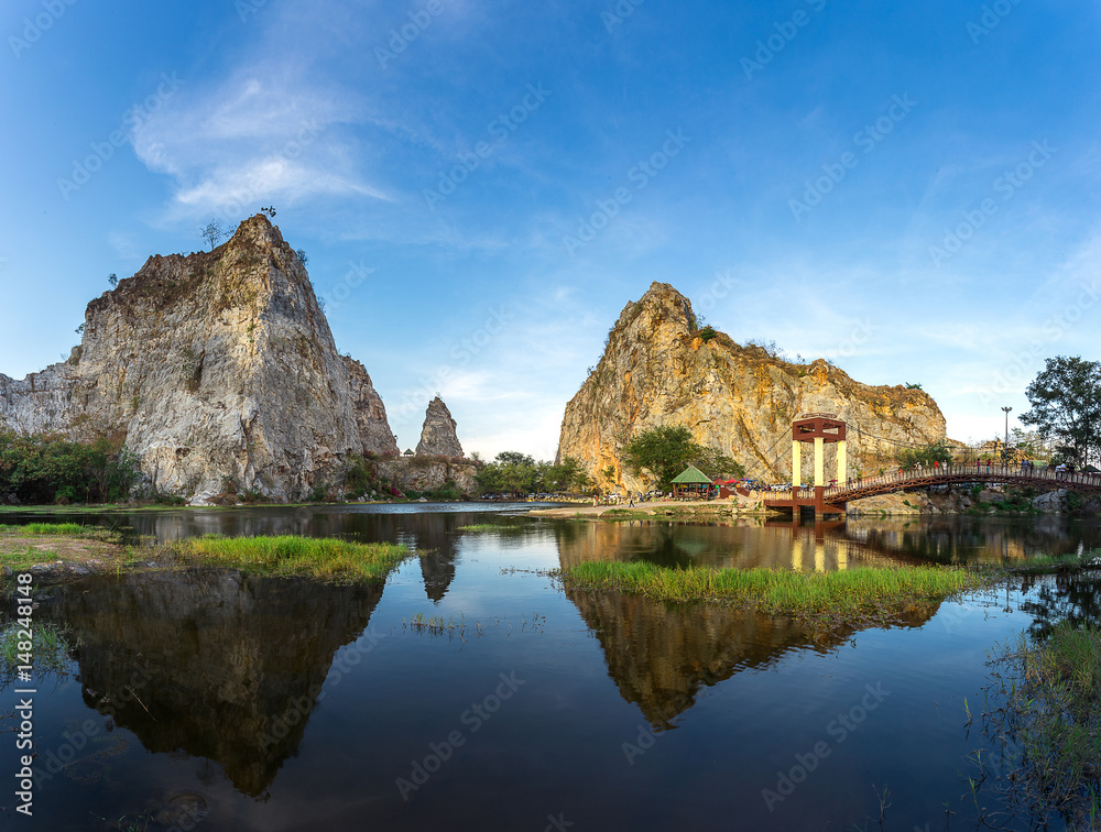 rock mountain, Khao Ngu Rock Park, with reflection in water rock mountain, Khao Ngu Rock Park, with reflection in water