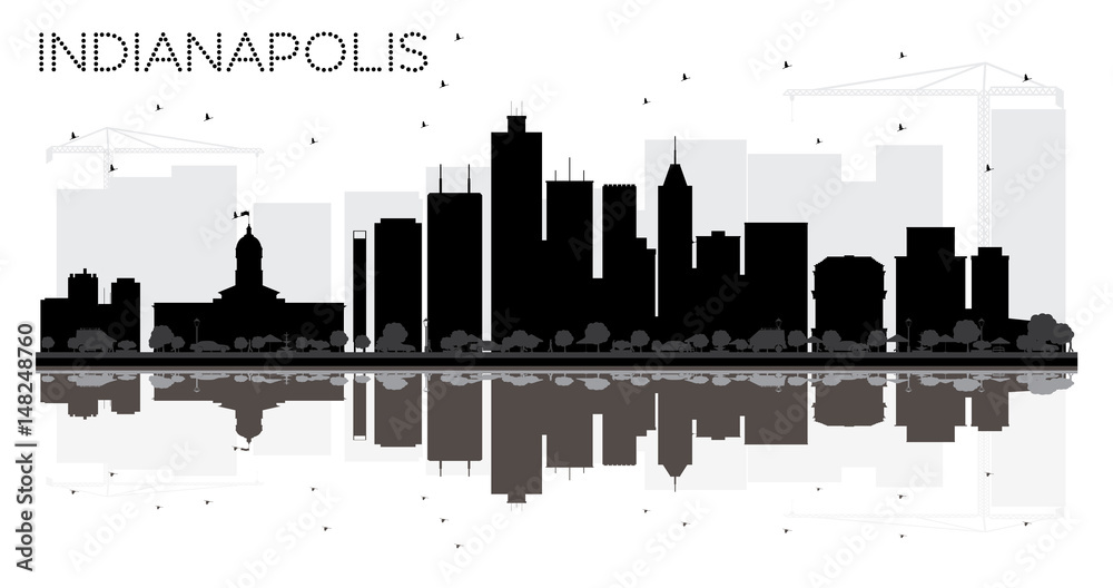 Indianapolis City skyline black and white silhouette with reflections.