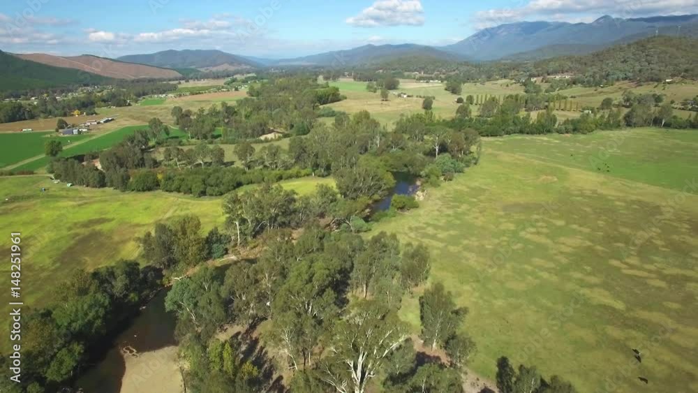 Backward flight over small river in Australian countryside Backward flight over small river in Australian countryside