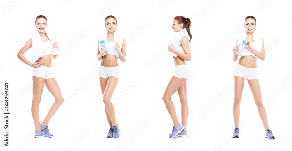 Young, sporty and fit girl in white underwear. Isolated background. Set collection. Fitness Concept. Young, sporty and fit girl in white underwear. Isolated background. Set collection. Fitness Concept.