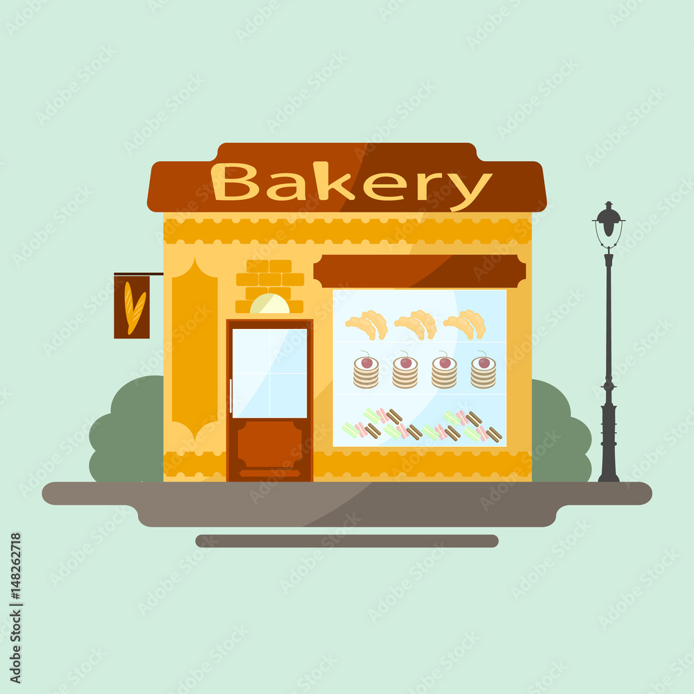 Bakery shop in flat design. Vector building illustration.