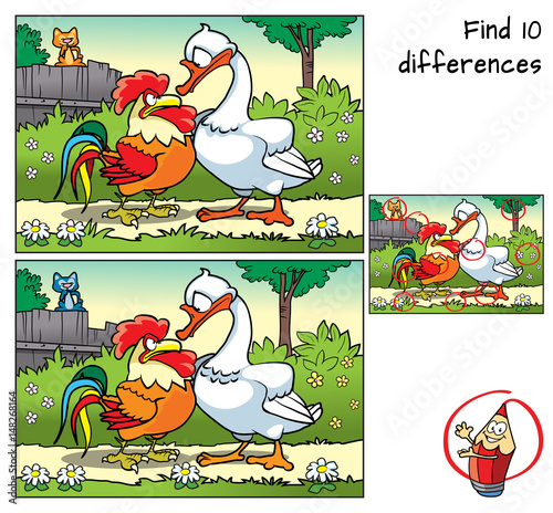 Rooster, goose and cat on the fence. Find 10 differences. Educational game for children. Cartoon vector illustration
