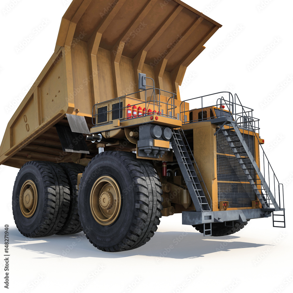 Very big yellow dump-body truck on white. 3D illustration