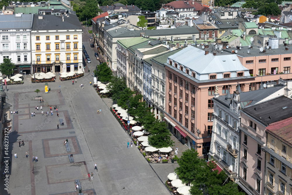 Fototapeta premium Aerial view of the north part of the Main Market Square of Krakow, the old buildings and the Spiski palace. Poland. View from St Mary's Cathedral.