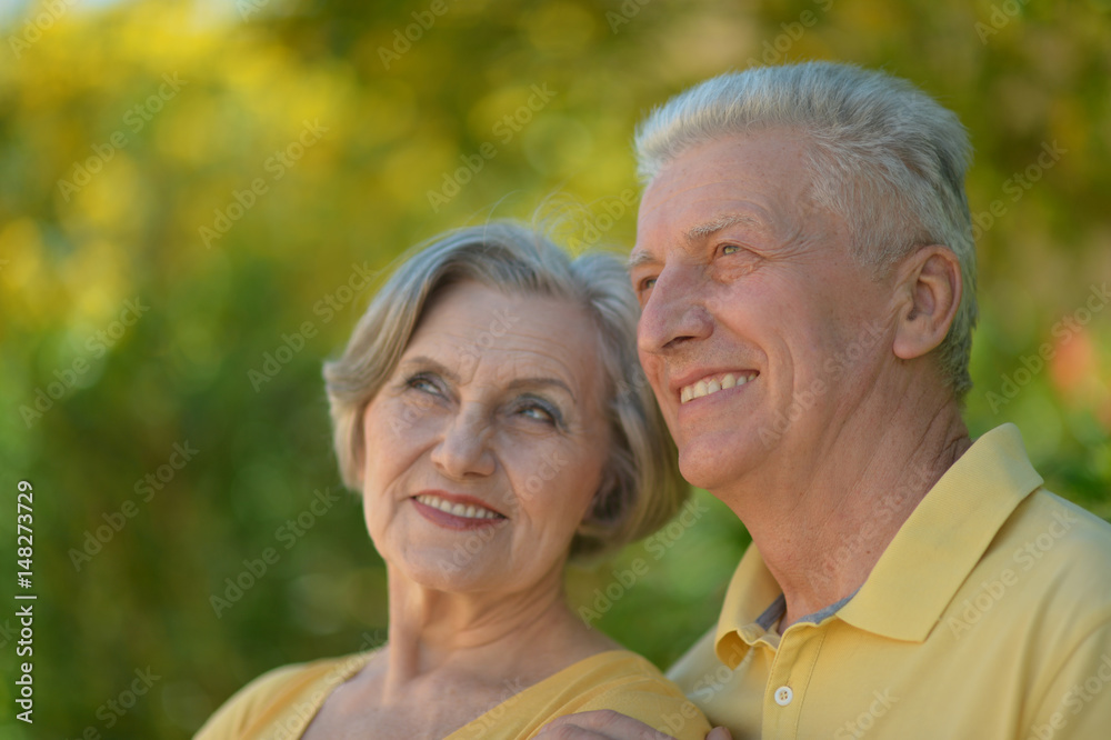 Happy elderly couple embracing