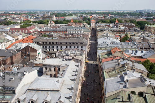 Aerial view of the northwestern part of the Krakow with old historic Florianska street and medieval Florian gate. View from St Mary's Cathedral. photo