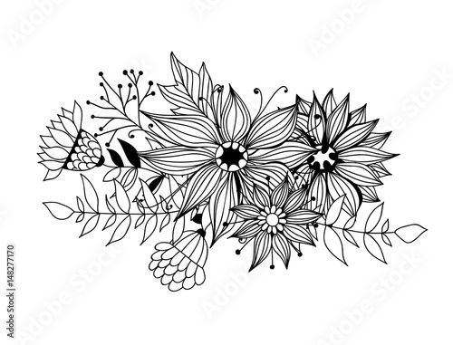 Doodle bouquet od flowers and leaves on white background. Template design for invitations, cards and more.