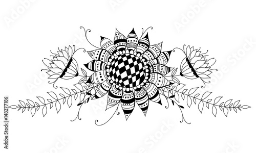Doodle bouquet od flowers and leaves on white background. Template design for invitations, cards and more.