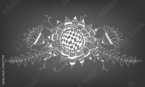 Doodle bouquet od flowers and leaves on chalkboard background. Template design for invitations, cards and more.