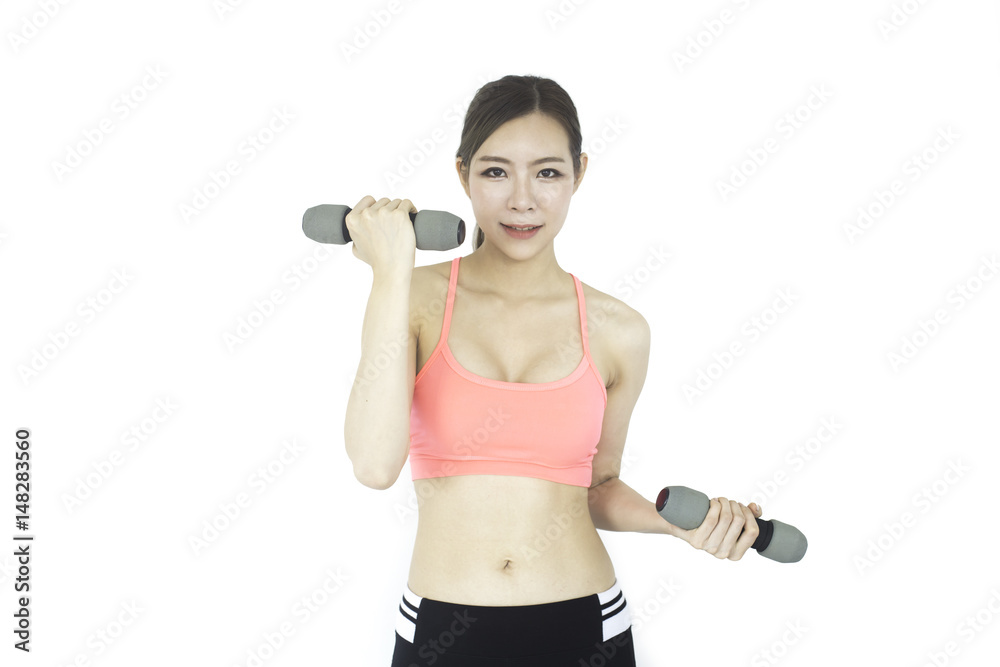 Korean woman holding dumbbell with fashion set sweet pink sexy girl, sport woman concept., isolated on white background. Korean woman holding dumbbell with fashion set sweet pink sexy girl, sport woman concept., isolated on white background.