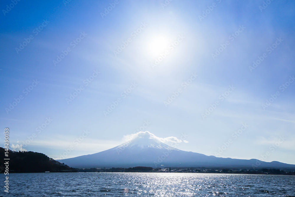 mountain Fuji landmark of Japan with bright sunlight in clear blue sky