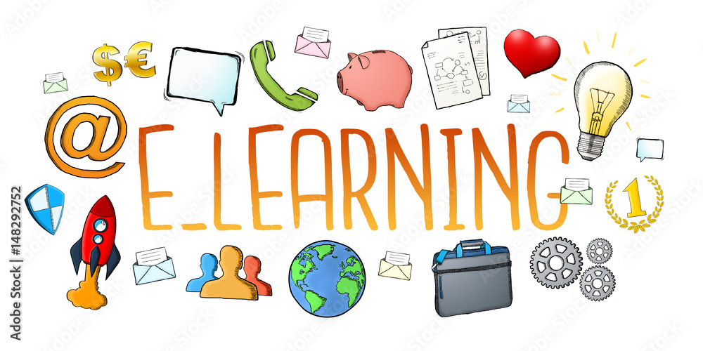 Hand-drawn e-learning text with icons