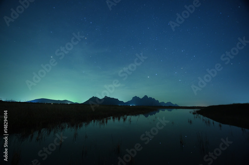 night sky stars with milky way on mountain background.