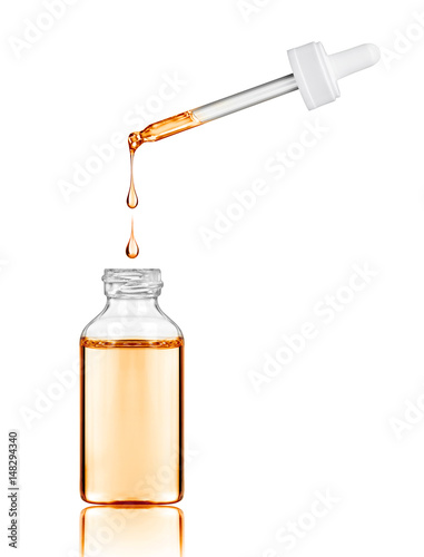 Cosmetic bottle with pipette on white background